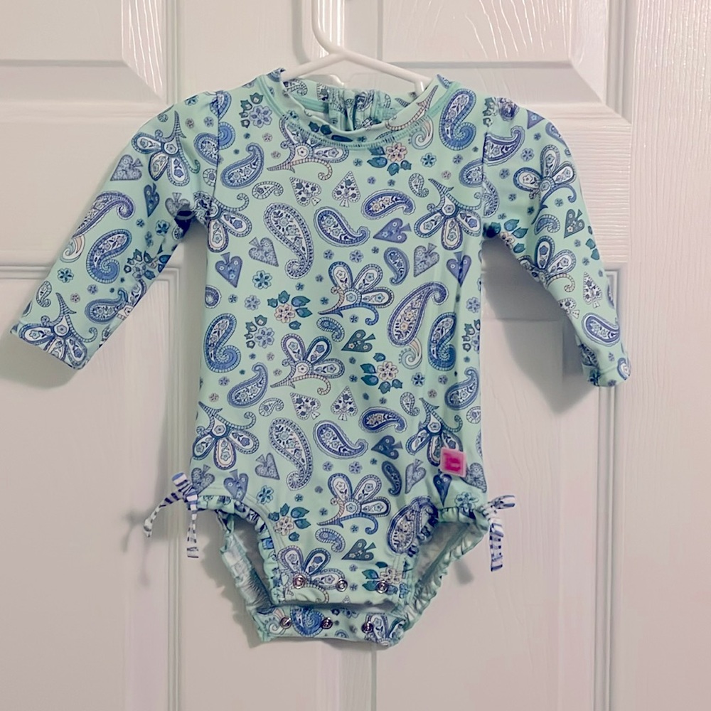 Rufflebutts Seaglass Paisley One Piece Rashguard Swimsuit Size 6-12 Months